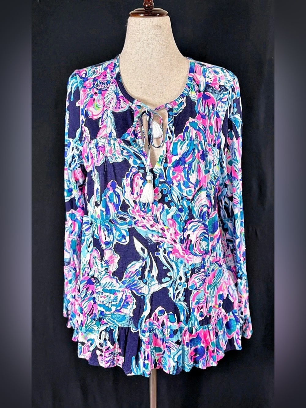 Lilly Pulitzer Marilina Tunic Floral Blue & Pink XL Tassel Coastal Resortwear